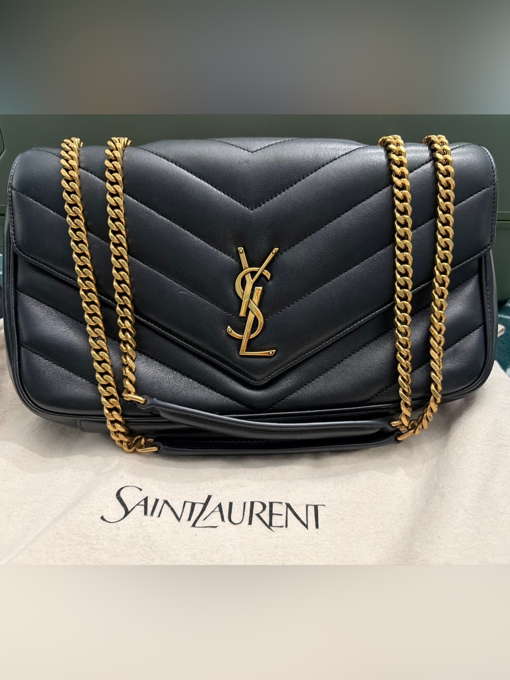 Pristine Saint Laurent Black Quilted Leather Crossbody with Gold Chain